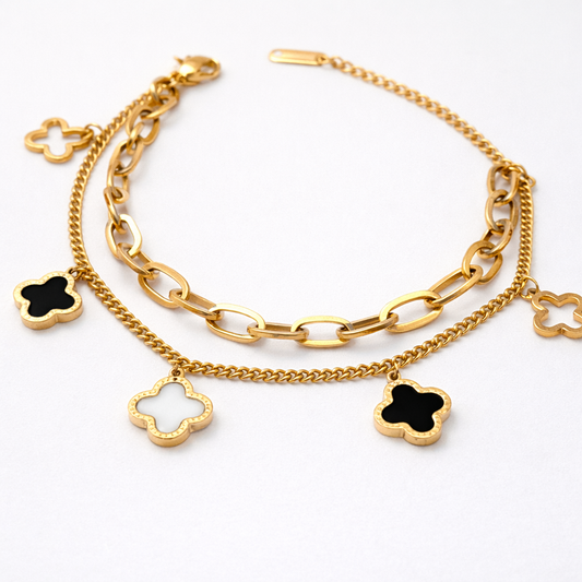 Pulsera Doble Trébol para Mujer en Oro Laminado 18K – Diseño Fino y Detallado